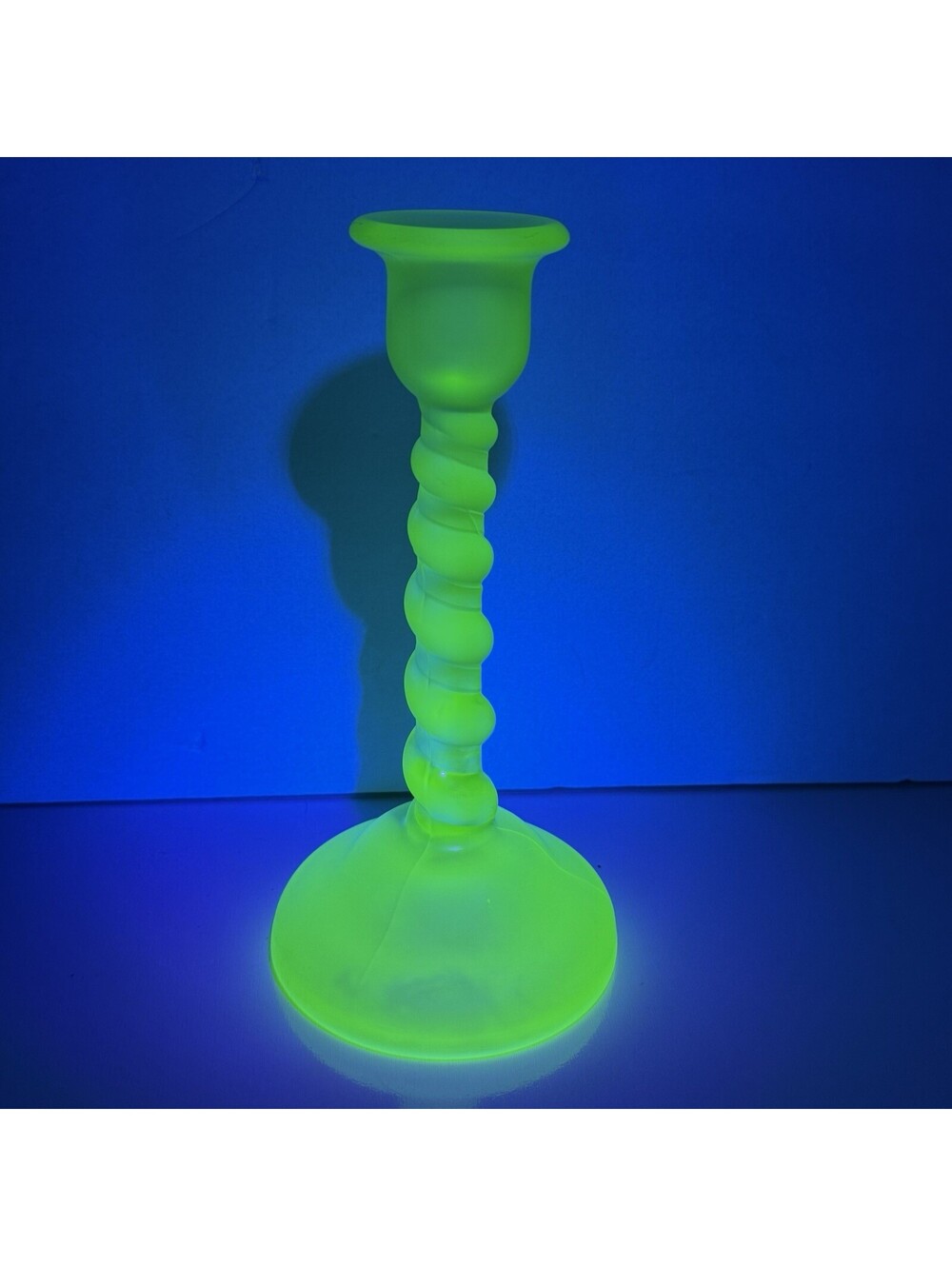Vtg Tiffin Satin Uranium Single Candlestick Holder 8" Glass Spiral Twist GLOWS!